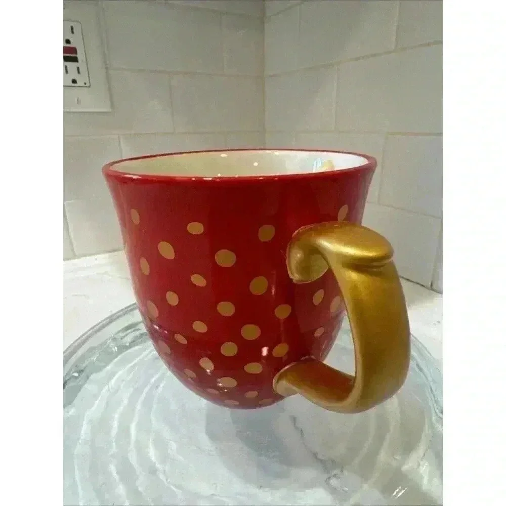 The Pioneer Woman Collection Red Gold Polka Dotted Stoneware Mug Ornate Handle